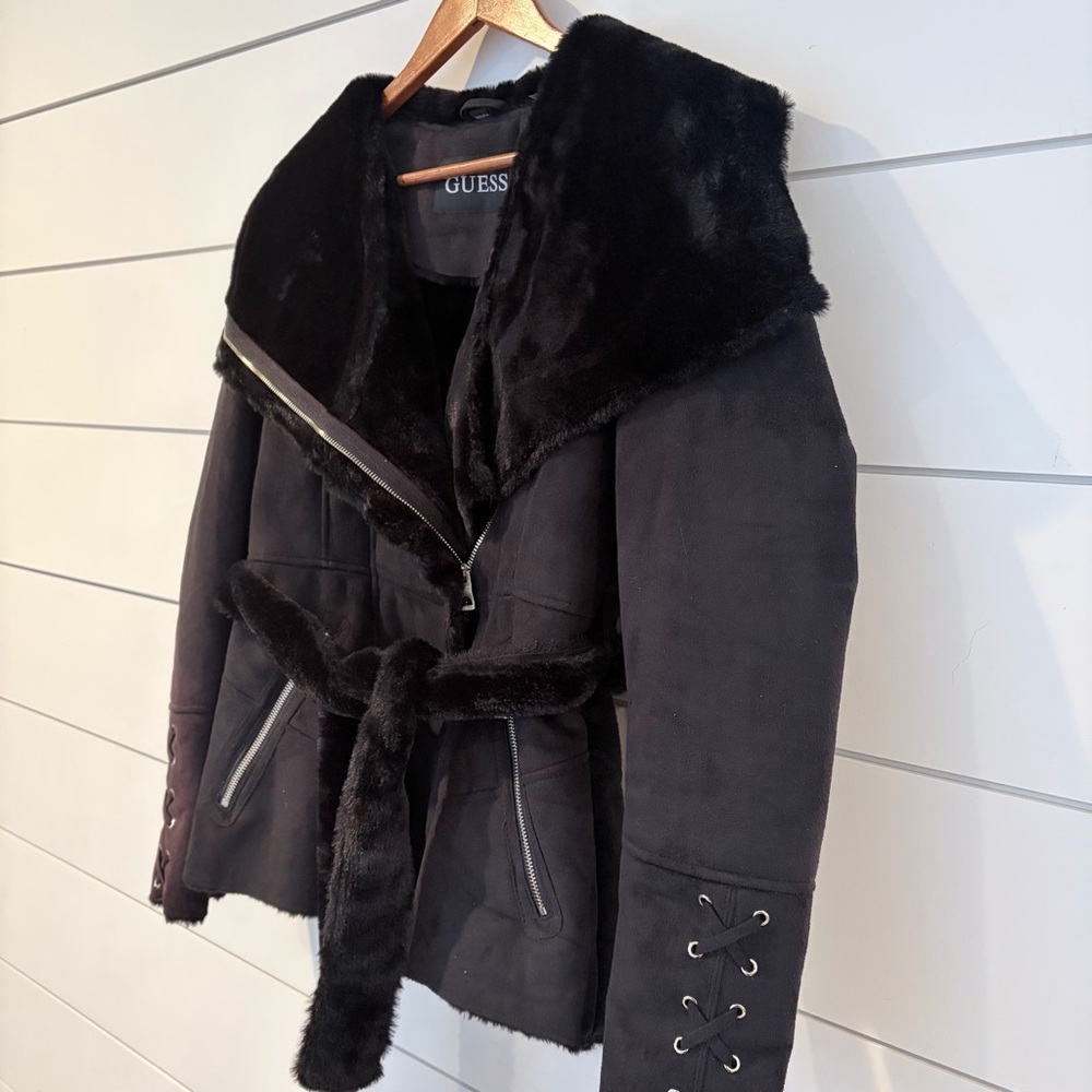 GUESS Faux Fur Belted Moto Jacket Black Y2K Glam Gothic Lace Mobwife M Upcycle - Picture 4 of 15